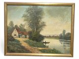 an old painting of a farm scene with a man and a horse by a river