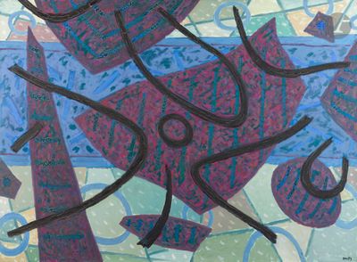 peinture abstraite représentant un motif violet et bleu sur fond bleu
