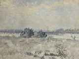 une peinture d'un paysage enneigé avec des arbres au premier plan