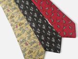 three different colored ties with birds and flowers on them on a white background
