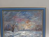 painting of a snowy landscape with a tree in the foreground and a city in the background