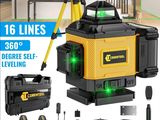 un gros plan d'une boîte contenant un niveau laser vert et d'autres outils