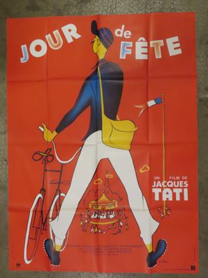 french poster of a man on a bicycle with a bag on the back