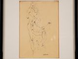 framed drawing of a nude woman sitting on a stool