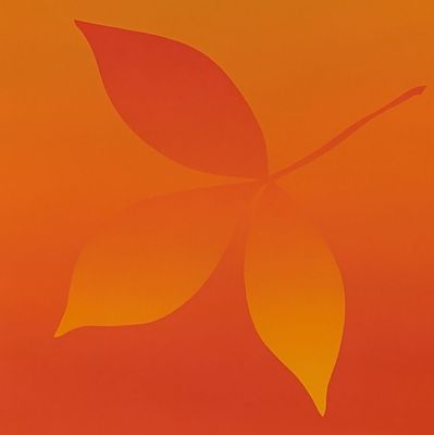 une peinture orange et jaune représentant une feuille sur fond rouge