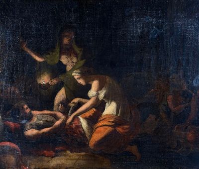 une image représentant un tableau où l'on voit un groupe de personnes dans une pièce sombre