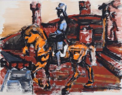 a painting of a man riding a horse in the street