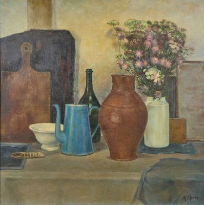 un tableau représentant des vases et des bouteilles posés sur une table