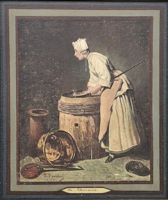 un vieux tableau représentant une femme debout devant un tonneau d'eau