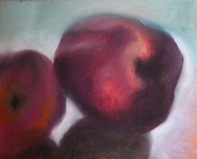a painting of two apples sitting next to each other