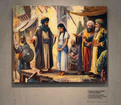 a painting of a group of people standing in front of a building