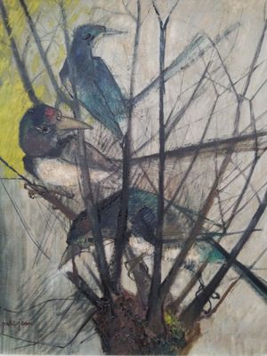 tableau représentant trois oiseaux perchés sur une branche d'arbre dans une forêt