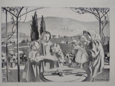 dessin représentant un groupe de personnes assises sur un banc dans un parc