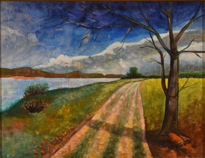 une peinture à l'huile représentant un chemin de terre dans un champ, près d'un plan d'eau