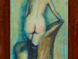 une peinture à l'huile représentant une femme nue assise sur une chaise