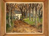 a painting of a dirt road with trees and a house in the background