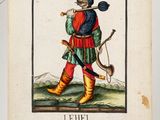 an old book with a picture of a man with a sword in his hand