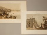 deux gravures anciennes représentant une église et une rivière