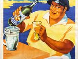 une affiche représentant un homme tenant une bouteille d'huile d'olive et un verre d'eau