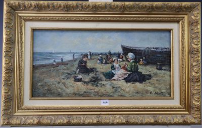 tableau représentant des personnes sur la plage, avec un bateau en arrière-plan