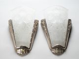 pair of art deco wall sconces with etched glass shades