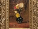 a painting of flowers in a black vase on a table