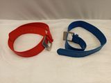 pair of red and blue leather belt with metal buckles