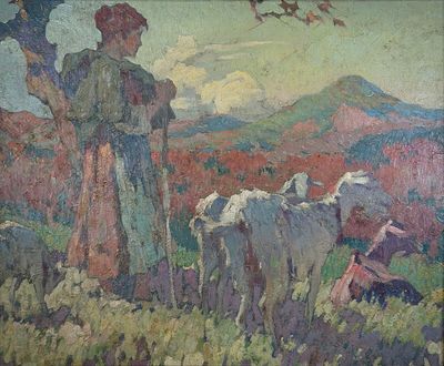 painting of a painting of a man and a woman with sheep in a field