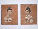 two paintings of a woman in a brown dress and a woman in a white dress