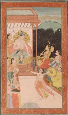 a painting of a man and a woman dancing in a courtyard