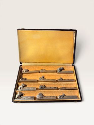 six knives in a case on a white surface