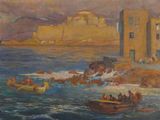 peinture d'un groupe de personnes dans un bateau sur un plan d'eau