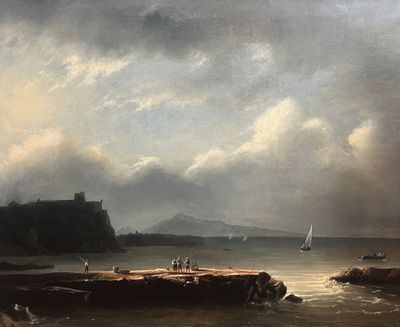 a painting of people on a rocky beach by the water