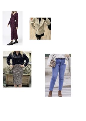 four different pictures of a woman in a dress, jacket, skirt, and boots