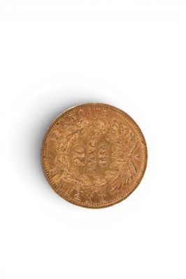 a close up of an old coin on a white surface