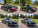 four different shots of a black sports car parked in a parking lot