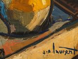 a painting of a boat with a yellow and blue hat on it