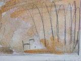 a drawing of a bench in a park with trees