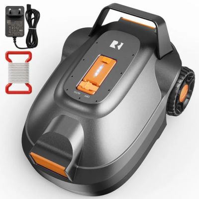 une image représentant une tondeuse robotisée avec son chargeur et son cordon d'alimentation