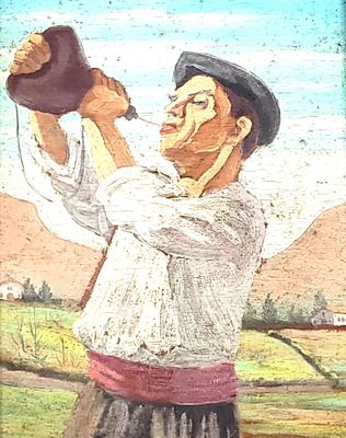 a painting of a man holding a hat and a baseball bat