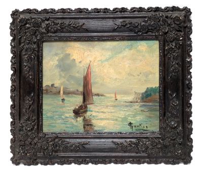 painting of a sailboat on the water with a cloudy sky in the background