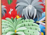 un tableau représentant un oiseau perché sur un palmier