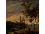 une peinture d'un paysage avec des arbres et une rivière au premier plan