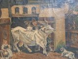 a picture of a painting of a cow and people in a barn