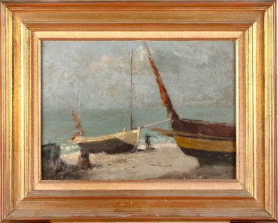 a picture of a painting of a boat on the beach
