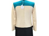 the back of a woman ' s dress with a blue and white collar