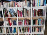 de nombreux livres qui se trouvent sur les étagères de la pièce
