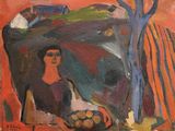 une peinture à l'huile représentant une femme tenant un panier de fruits devant un arbre