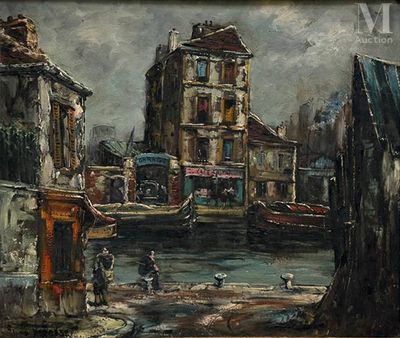un tableau représentant une scène de rue avec des bâtiments et un bateau