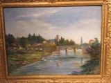 une peinture représentant un pont sur une rivière avec un château à l'arrière-plan